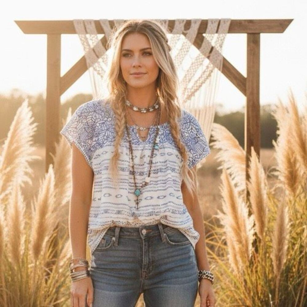 Lucky Brand Blue Boho Print Short Sleeve‎ Peasant Top Size L